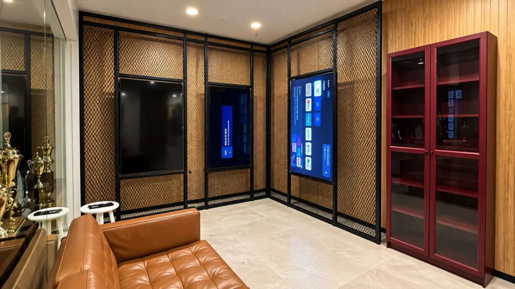 Industrial Media Lounge with Mesh-Framed Screens_converted